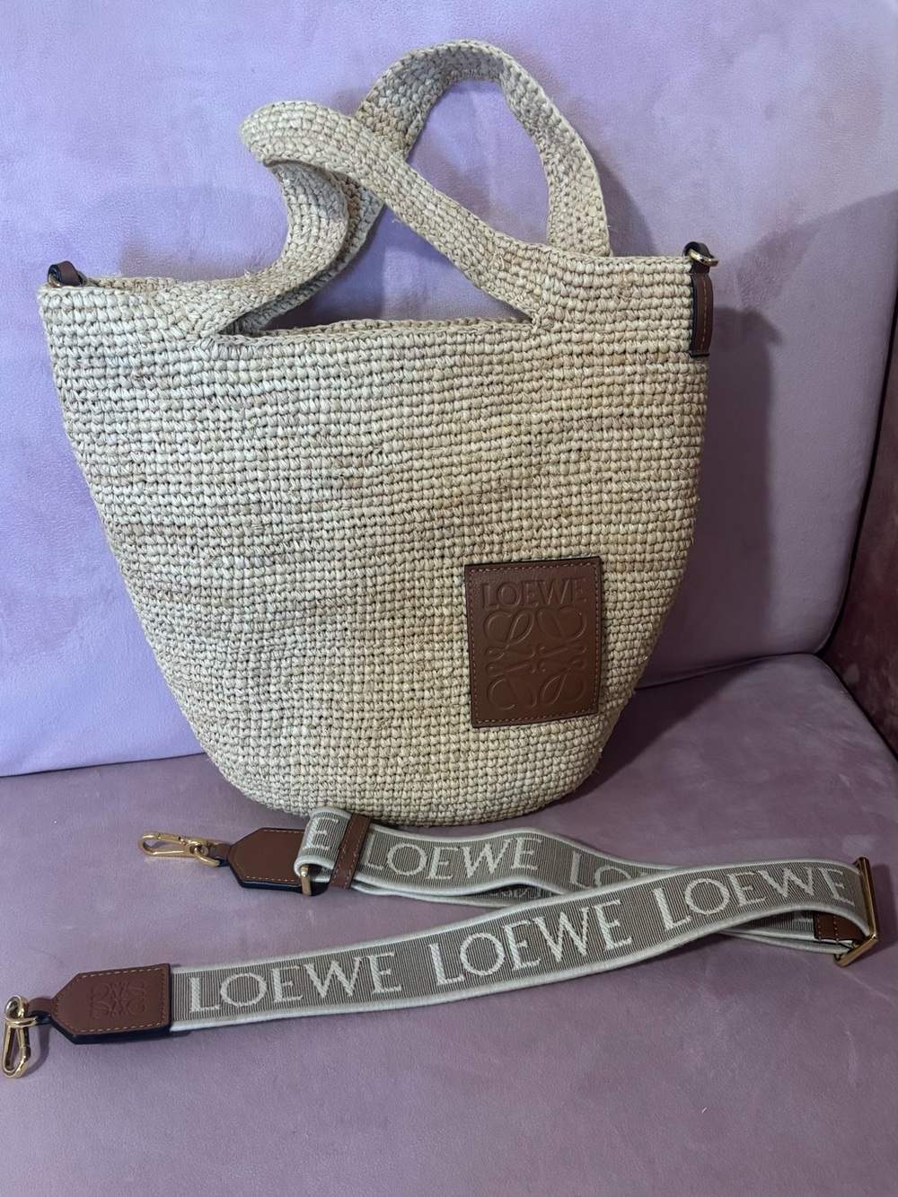 Loewe Beige Raffia Tote with Brown Leather Logo Patch